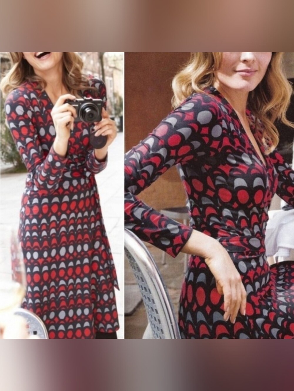 Boden Red & Gray Geometric Long Sleeve Wrap Dress Size 6